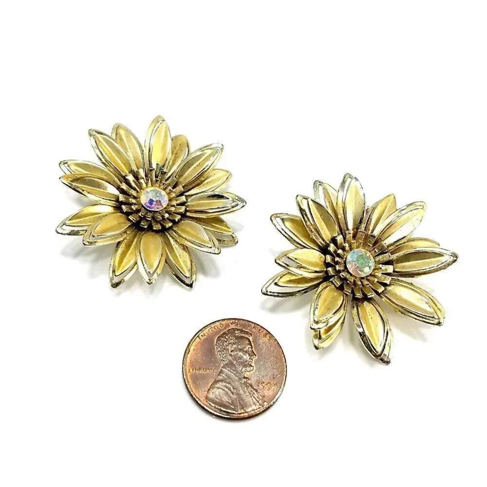 Vintage 1960s Gold Flower Clip Earrings Aurora Borealis Rhinestone